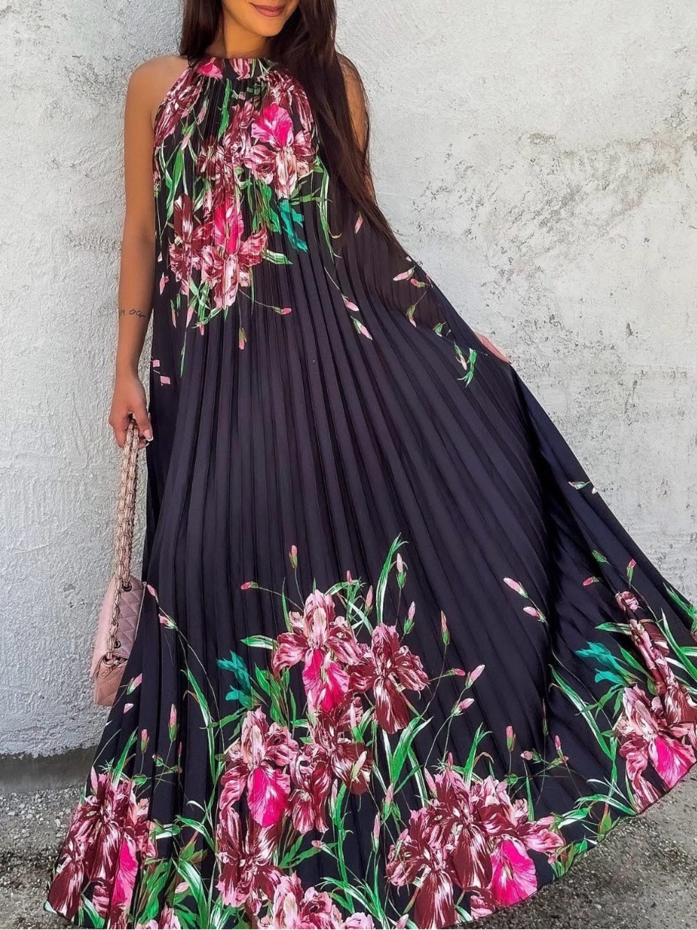 Black Maxi Dress with Pink Floral Print